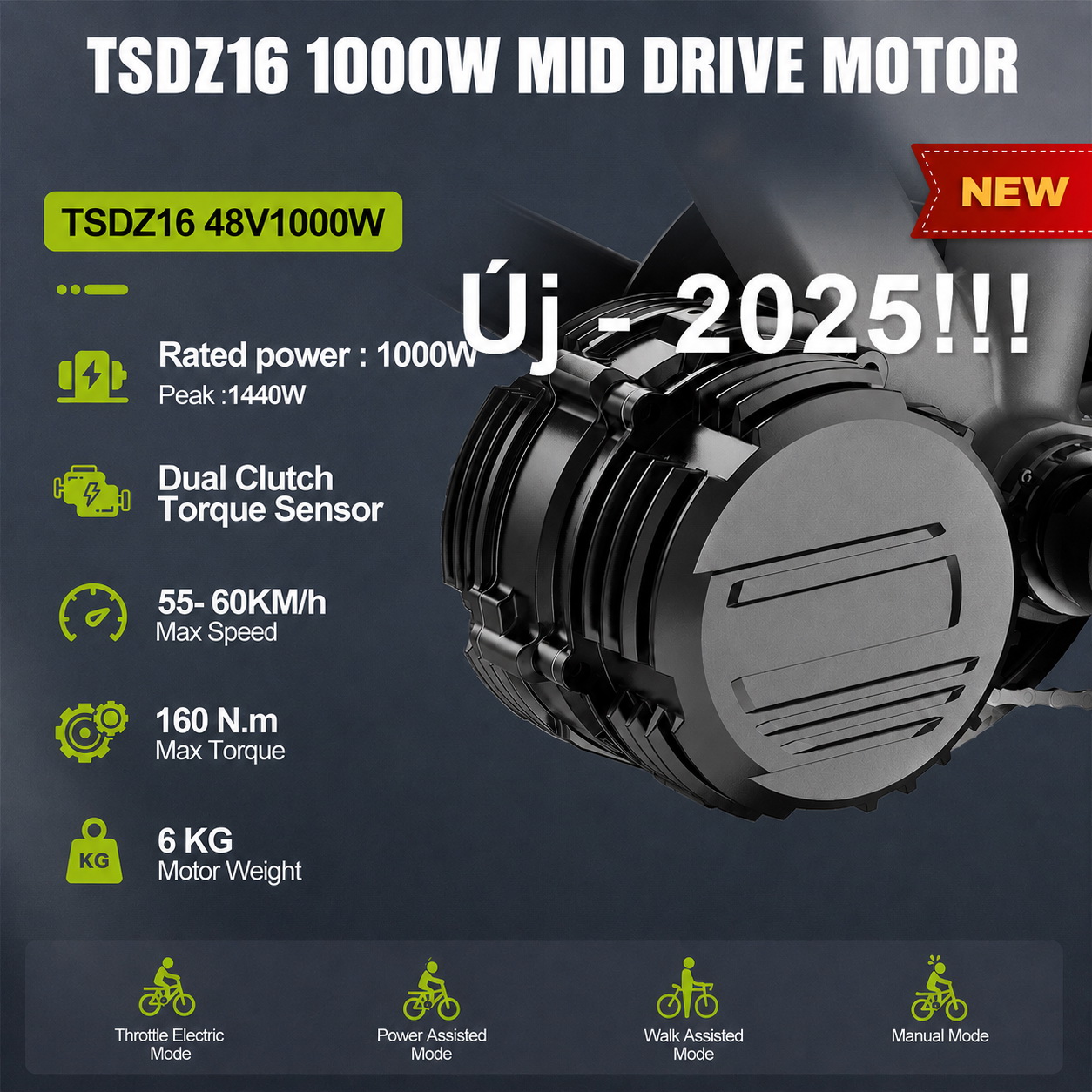 Nyomatékszenzoros középmotor, Tongsheng TSDZ16 48V, 1000W